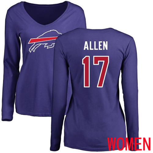 NFL Women Buffalo Bills #17 Josh Allen Royal Blue Name and Number Logo Long Sleeve T Shirt->women nfl jersey->Women Jersey